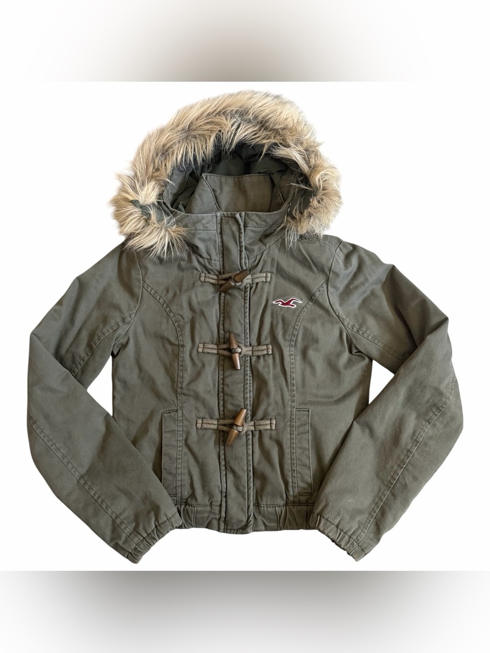 VTG Hollister Women’s Faux Fur Hooded Bomber Jacket Sz S Olive Bella Swan Y2K
